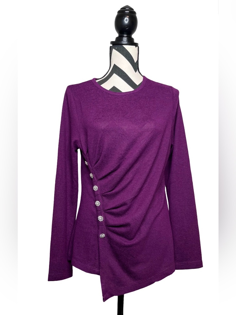 NWT DG2 Dark Purple Crystal Button Long-Sleeve Asymmetrical Top Sz M